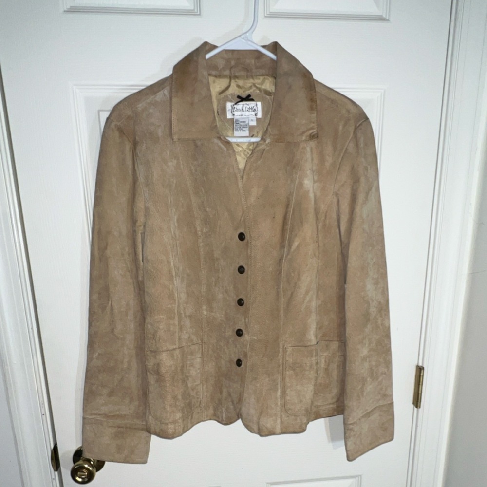 Live a Little Tan Suede Leather Jacket Button Front Tan Beige Large 5766WS